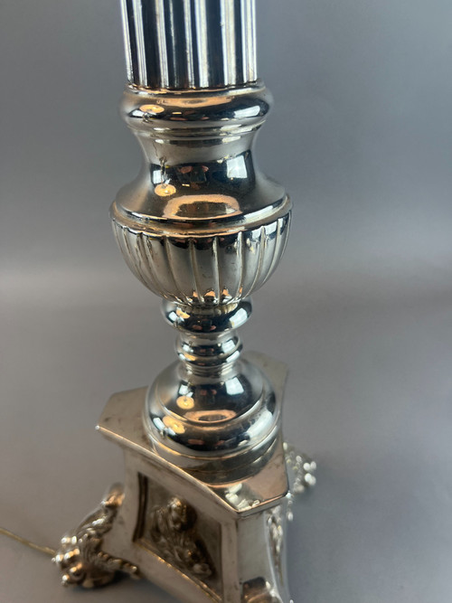 Pair of silvered bronze tripod lamps 