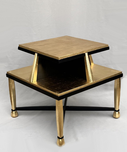 Important Art Deco Pedestal Table In Golden Wood And Black Lacquer