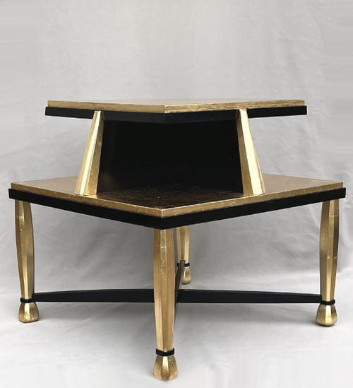 Important Art Deco Pedestal Table In Golden Wood And Black Lacquer