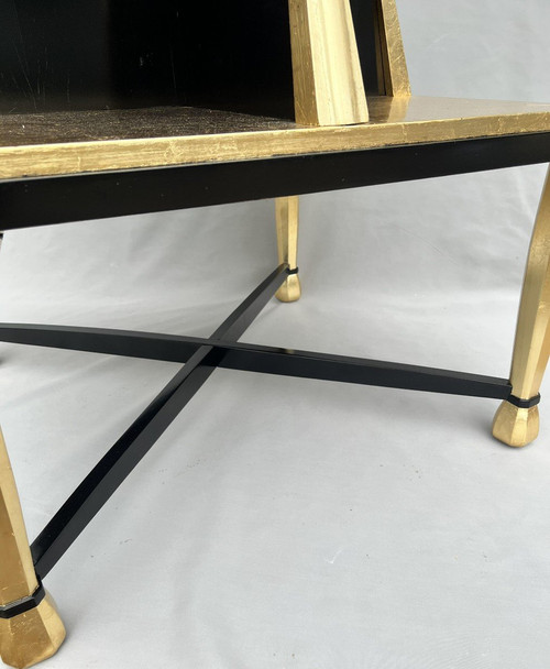 Important Art Deco Pedestal Table In Golden Wood And Black Lacquer