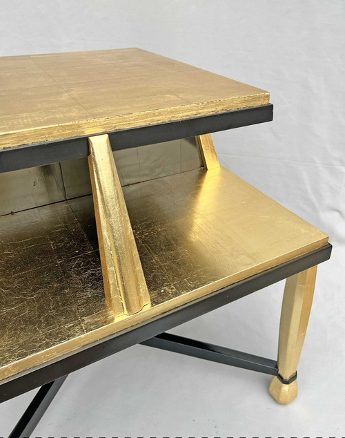 Important Art Deco Pedestal Table In Golden Wood And Black Lacquer