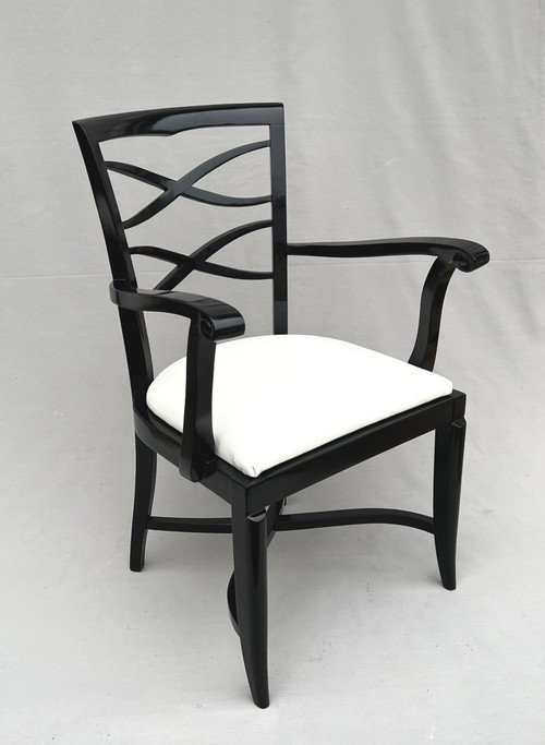 Baptistin Spade (1891-1969) Pair Of Armchairs In Black Lacquer And Ivory Leather