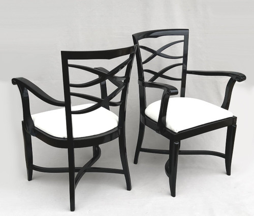 Baptistin Spade (1891-1969) Pair Of Armchairs In Black Lacquer And Ivory Leather