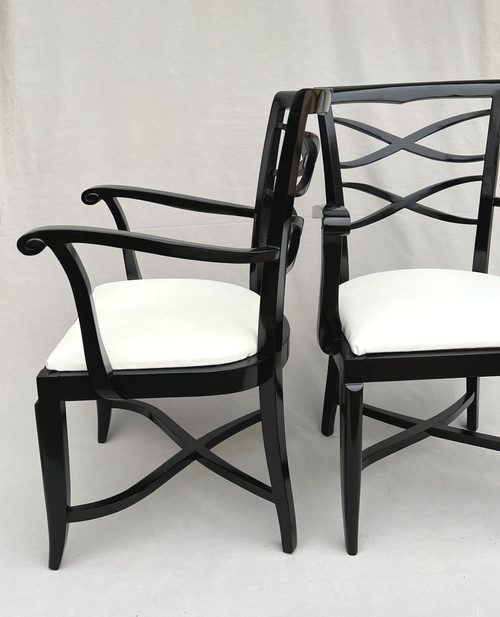 Baptistin Spade (1891-1969) Pair Of Armchairs In Black Lacquer And Ivory Leather