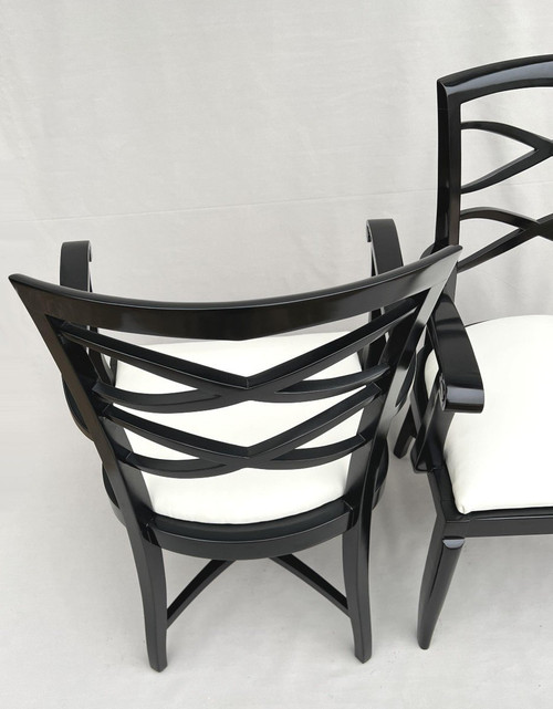 Baptistin Spade (1891-1969) Pair Of Armchairs In Black Lacquer And Ivory Leather