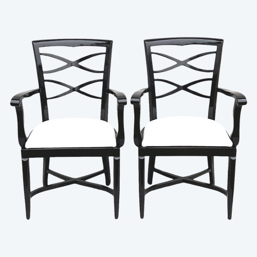 Baptistin Spade (1891-1969) Pair Of Armchairs In Black Lacquer And Ivory Leather