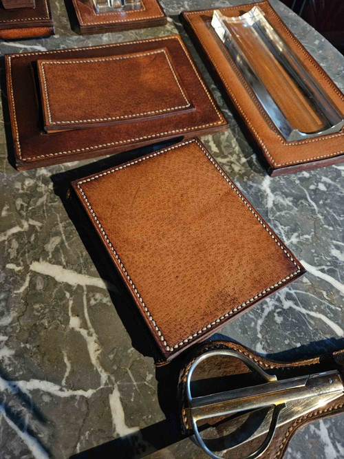 Nécessaire De Bureau En Cuir Piqué Sellier et verre taillé 8 Pièces Dlg Hermès