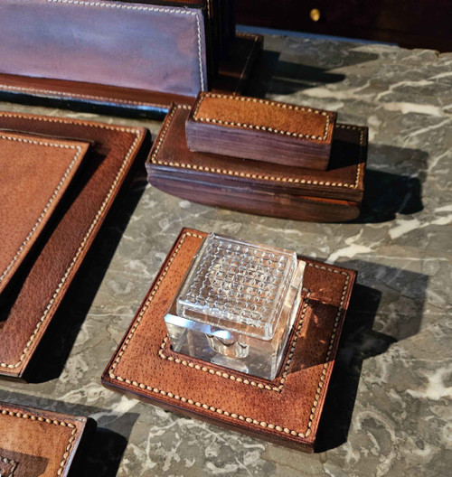 Nécessaire De Bureau En Cuir Piqué Sellier et verre taillé 8 Pièces Dlg Hermès