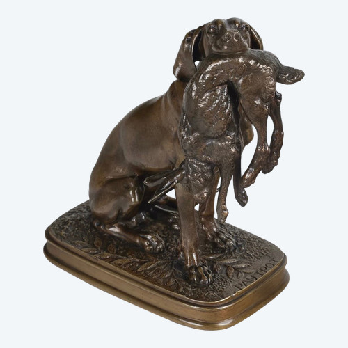 Sculpture - Chien Tenant Un Lièvre Dans La Gueule , Ferdinand Pautrot (1832 - 1874) - Bronze