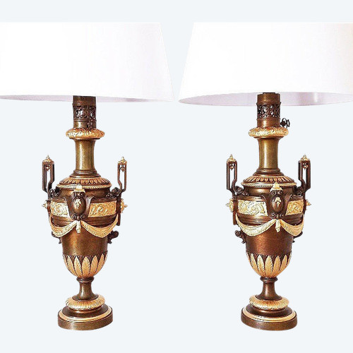 Important Pair Of Antique Lamps In Patinated And Gilded Bronze 19th Century