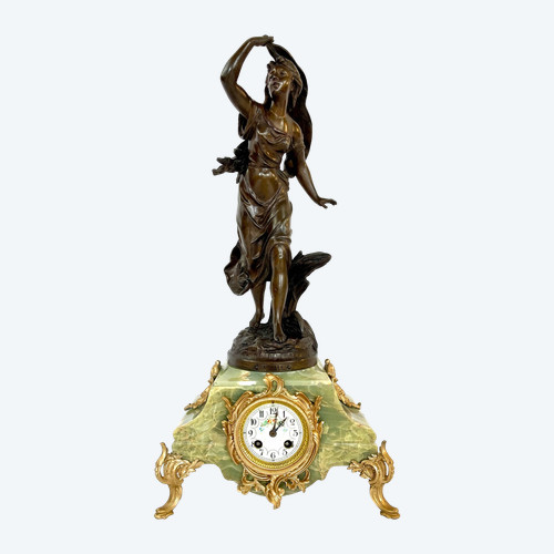 Marble clock with bronze patina regula pendulum of a young woman by Emile Bruchon