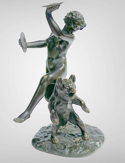 BRONZO ANTICO FIRMATO DA CHARLES PAILLET (1871-1937) “LA BACCANTE E IL SUO ORSO”