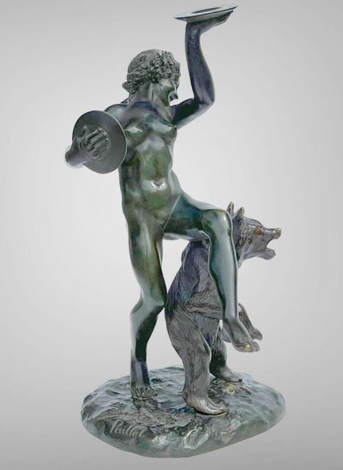 BRONZO ANTICO FIRMATO DA CHARLES PAILLET (1871-1937) “LA BACCANTE E IL SUO ORSO”