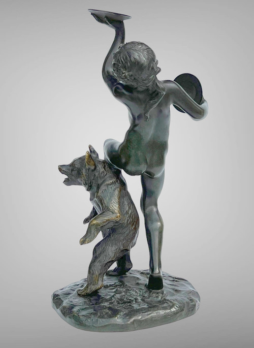 BRONZO ANTICO FIRMATO DA CHARLES PAILLET (1871-1937) “LA BACCANTE E IL SUO ORSO”