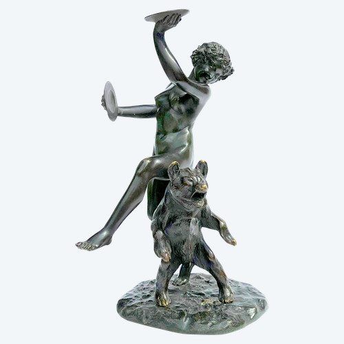 BRONZO ANTICO FIRMATO DA CHARLES PAILLET (1871-1937) “LA BACCANTE E IL SUO ORSO”