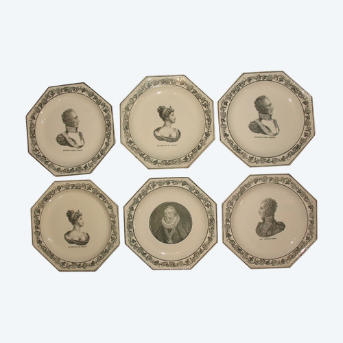 6 octagonal beaded plates in fine earthenware from Creil, Stone Coquerel Legros period 1808