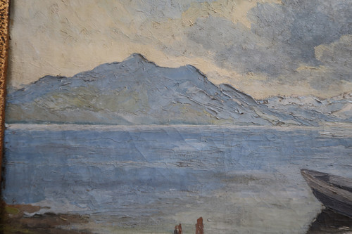 painting, landscape of mountain lake and fishermen.