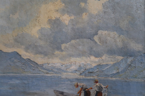 painting, landscape of mountain lake and fishermen.