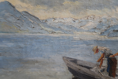 painting, landscape of mountain lake and fishermen.