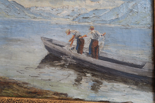 painting, landscape of mountain lake and fishermen.