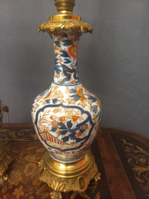 Important Pair Of Late 19th Century Porcelain And Gilt Bronze Lamps H80cm