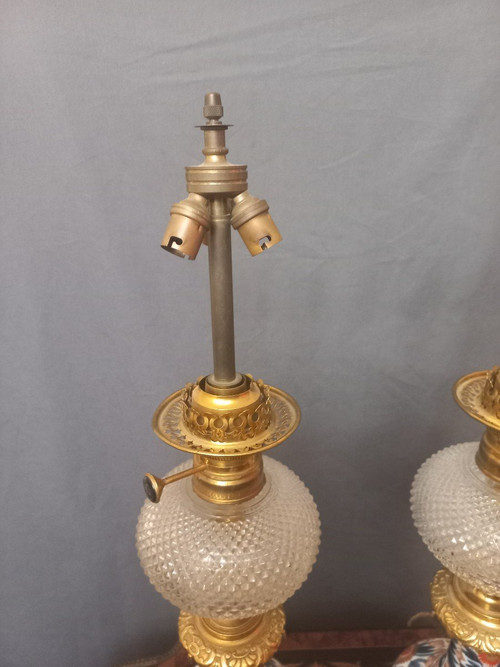 Important Pair Of Late 19th Century Porcelain And Gilt Bronze Lamps H80cm