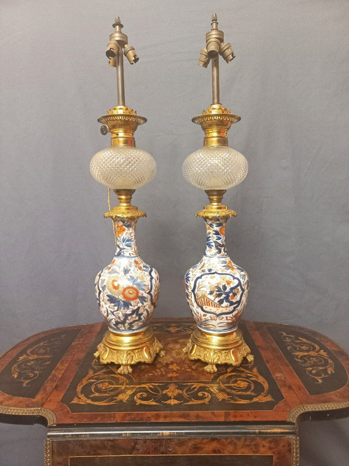 Important Pair Of Late 19th Century Porcelain And Gilt Bronze Lamps H80cm