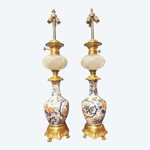 Important Pair Of Late 19th Century Porcelain And Gilt Bronze Lamps H80cm