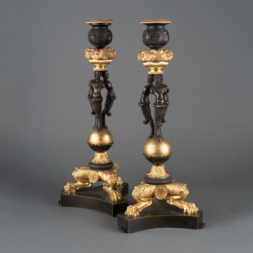 Pair of Bronze and Gilded Bronze Candlesticks, 19th Century