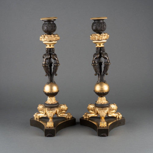 Pair of Bronze and Gilded Bronze Candlesticks, 19th Century