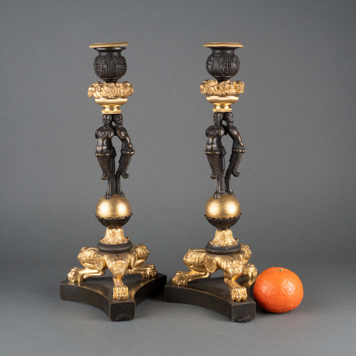 Pair of Bronze and Gilded Bronze Candlesticks, 19th Century