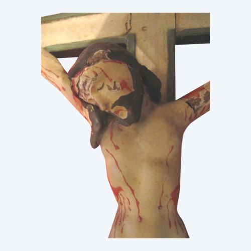 Portugiesischer Indo-Christus am Kreuz, aus Holz geschnitzt mit Polychromie, Ende des 18. Jahrhunderts