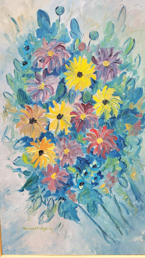 Bouquet Painting "The Dahlias", F. Rolland (1920-2004)