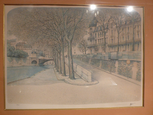 Engraving Quai de Seine in Paris.