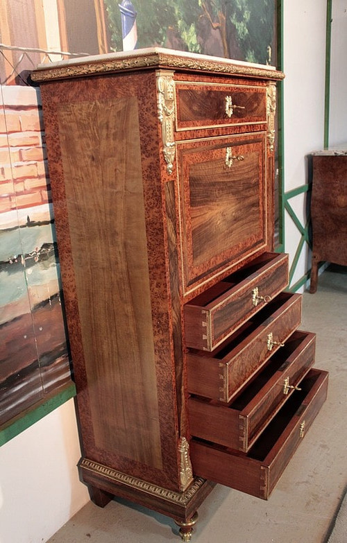 Secretaire in Cedar and Thuya Burl, Louis XVI style, Napoleon III period - 19th century