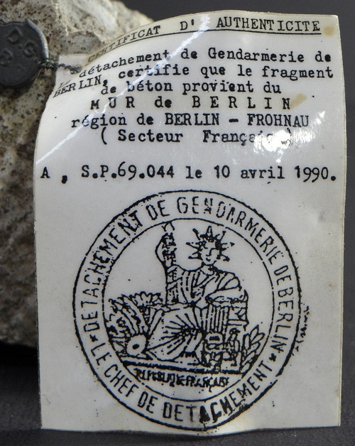 Piece of History, Piece of the Berlin Wall Taken and Certified by the National Gendarmerie.