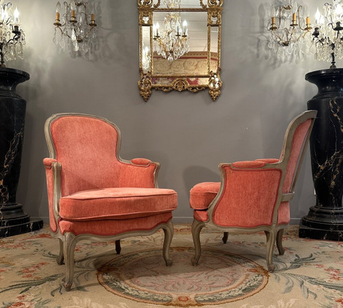 Pair Of Louis XV Style Lacquered Wood Bergeres, 19th Century