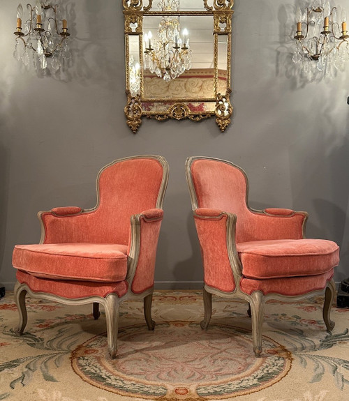 Pair Of Louis XV Style Lacquered Wood Bergeres, 19th Century