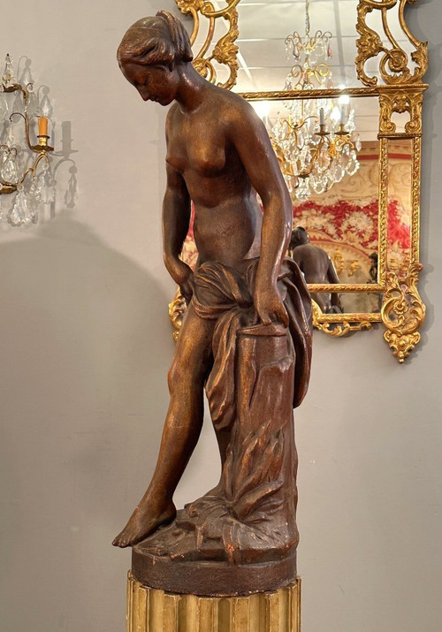 d'Après Etienne Maurice Falconet, Importante Sculpture En Fonte  La Baigneuse  (1716 - 1791)