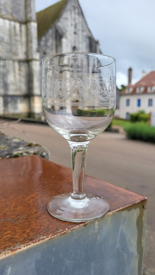 7 19th century guilloche wine glasses