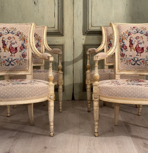 Suite Of Four Armchairs In Lacquered Wood From Louis XVI Period, Circa 1780