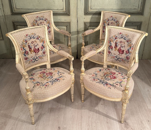 Suite Of Four Armchairs In Lacquered Wood From Louis XVI Period, Circa 1780