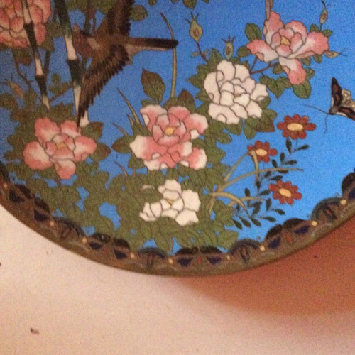 Japon assiette cloisonné émail émaux sur cuivre oiseaux jardin 19ème