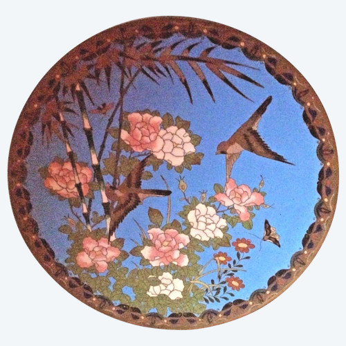 Japon assiette cloisonné émail émaux sur cuivre oiseaux jardin 19ème