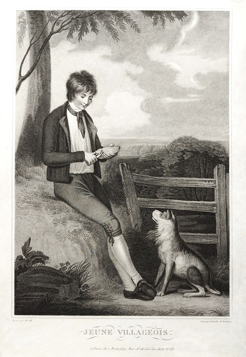 Dog And Young Boy Etching 19th C Engraving Old Print