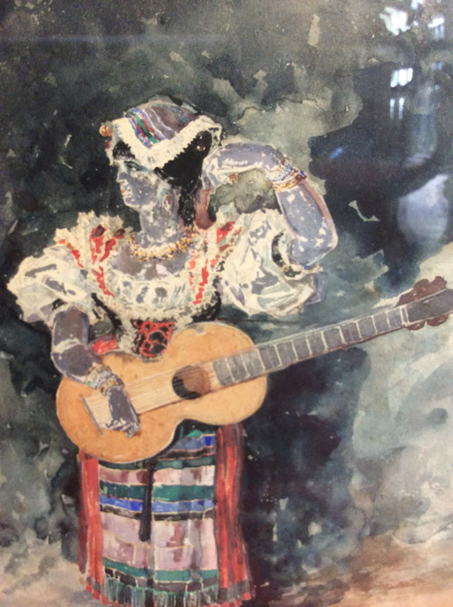 watercolor painting gypsy with guitar signed Noivon