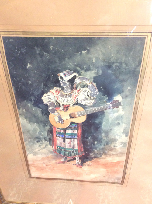 watercolor painting gypsy with guitar signed Noivon