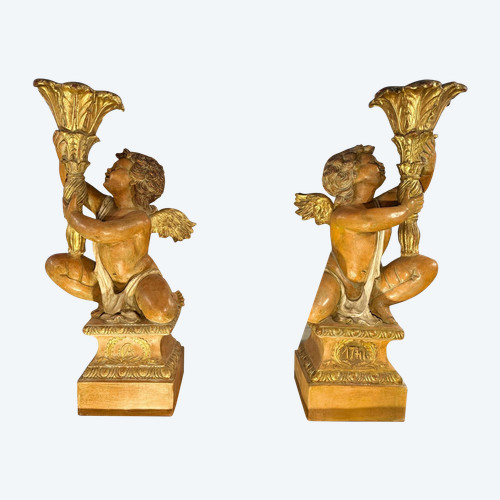 Important Pair Of Ceramic Torch-Holder Angels - Late 19th Century