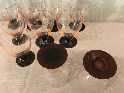 Set of 10 Art Deco glasses, circa 1940, lightly smoked