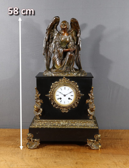 Uhr aus Marmor und Bronze, "L'Ange en Contemplation", Miroy Frères, Epoche Napoléon III